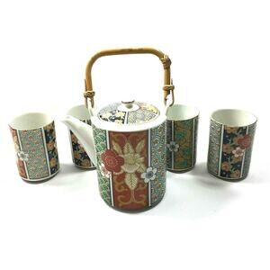 Oriental Teapot & 4 Tea Cups Green Red Blue Floral Gold Rattan Handle Home Decor